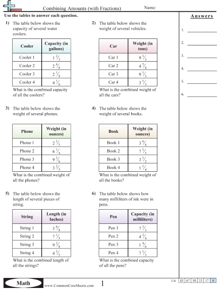 5.nf.1 Worksheets - Combining Amounts worksheet